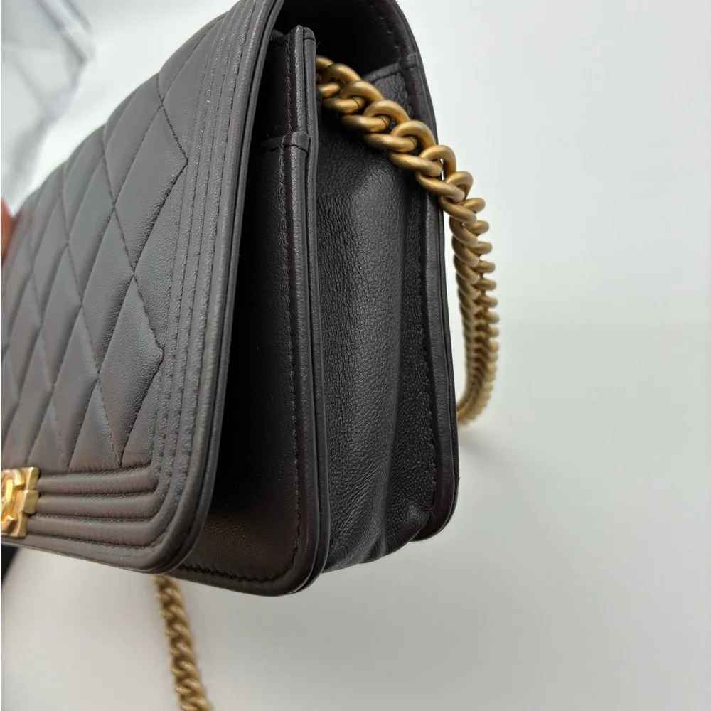 Chanel Quilted Dark Grey Le Boy Wallet WOC Lambskin Leather Crossbody bag